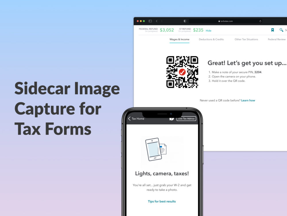 Photo with a desktop screen with a QR code and a mobile device, with the text Sidecar Image Capture for Tax Forms